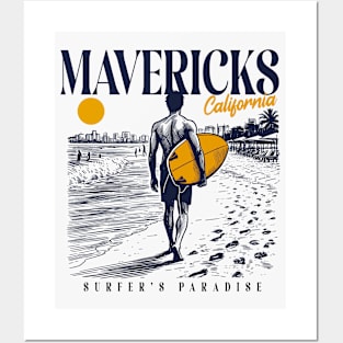 Vintage Surfing Mavericks Beach, California // Retro Surfer Sketch // Surfer's Paradise Posters and Art
